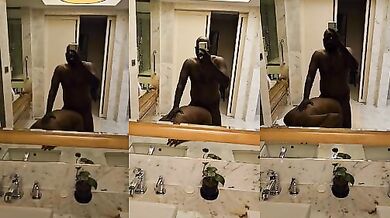 Doing cowgirl fuck in bathroom mirror