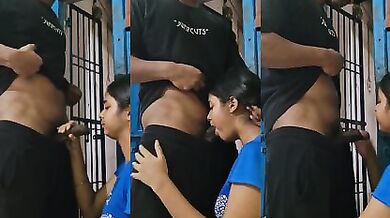 Cousin sister kneeled for the blowjob