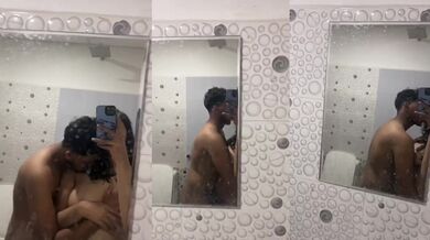 Couple Bathroom selfie mirror nude sex