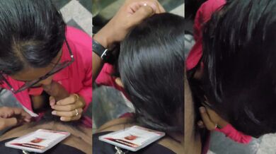 Specs girl kneeled for a blowjob at the elevator